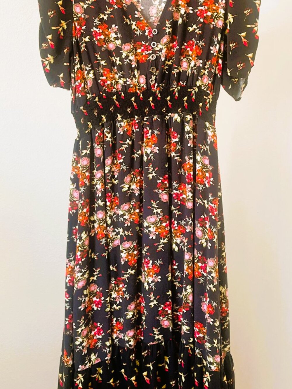 Red + Olive Floral Dress Lightweight Boho Lined Size L
